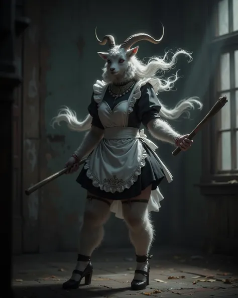 spooky furry female goat , maid clothes , glamorous , garter , Dimly lit room ,mop , Stick fighting , knee up , Stick swinging motion blur