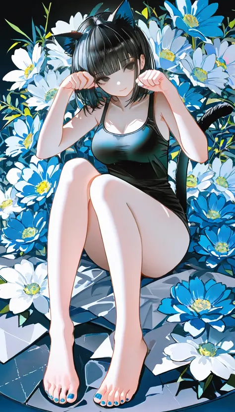 1girl, black eyes, Black Hair (blue gradient), blunt bangs, short Hair, Cat ears and tail, medium Breast, tank top, bare legs, sitting, foot, toenails, nail polish (black), cat tails, cool face, techwears, masterpiece, best quality, Perfect details, perfec...