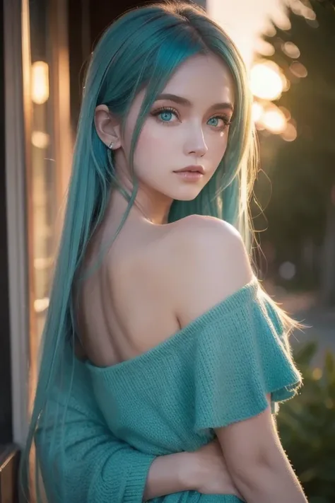  best quality , Masterpiece,  super high resolution, ( realism: 1.4),   Original Pictures ,  1 girl,  green eyes,  off shoulder,  Cinematic Lighting,   blue hair , At sunset