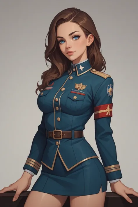 an authoritative yet sexy woman in military uniform, with brown hair and blue eyes