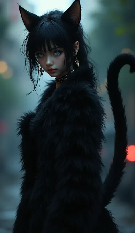 Catgirl with blue cat eyes and cat tail  in black fur outfit with cat collar ultra realistic