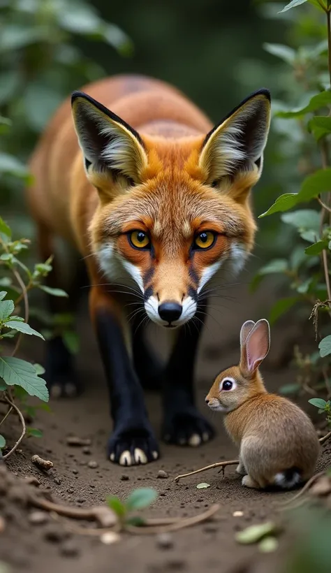 The Fox Stalking the Rabbit
A sly fox with gleaming eyes crouches low among the bushes, stalking the unsuspecting rabbit. The fox’s fur is sleek and its posture predatory, with an intense gaze locked on its prey.
