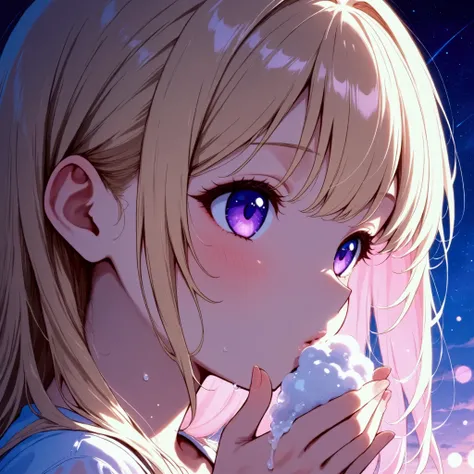 is blowing soap bubbles under the starry sky、 anime-style bright blond haired girl with purple eyes