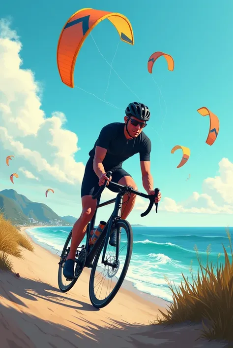 Cyclist pedaling with road bike on kitesurf 