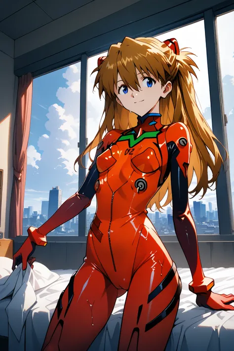 asuka_langley,1 female,solo,looking at the scenery,smile,
I_,wet brown hair,viewer,blue eyes,long hair,hair between the eyes,beautiful eyes,more detailed hair,
lace up boots,thigh-high boots, catsuit(1.3),high heels,elbow gloves,
ortrait,background,day,c...