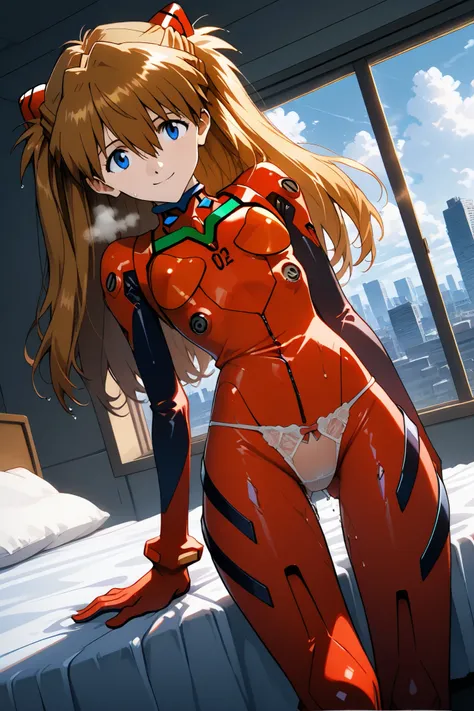 asuka_langley,1 female,solo,looking at the scenery,smile,
I_,wet brown hair,viewer,blue eyes,long hair,hair between the eyes,beautiful eyes,more detailed hair,
lace up boots,thigh-high boots,bodysuit(1.3),high heels,elbow gloves,
ortrait,background,day,c...