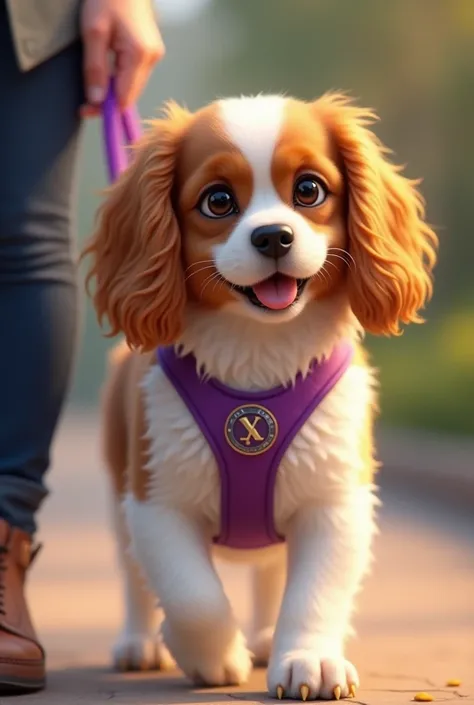 Fait moi un cavalier king charle brun clair et blanc qui le promene avec un harnais violet ou un colié violet et il souri