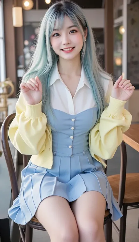 (    Tiffany Blue Front   のテーマ),  (((smile))).,    young Japanese woman   ,   big breasted , Upper chest,      Tiffany Blue Front   ,    light blue hair ,    gradation color hair   ,    Very Long Hair ,   thighs,   is present,    top quality，masterpiece，  ...