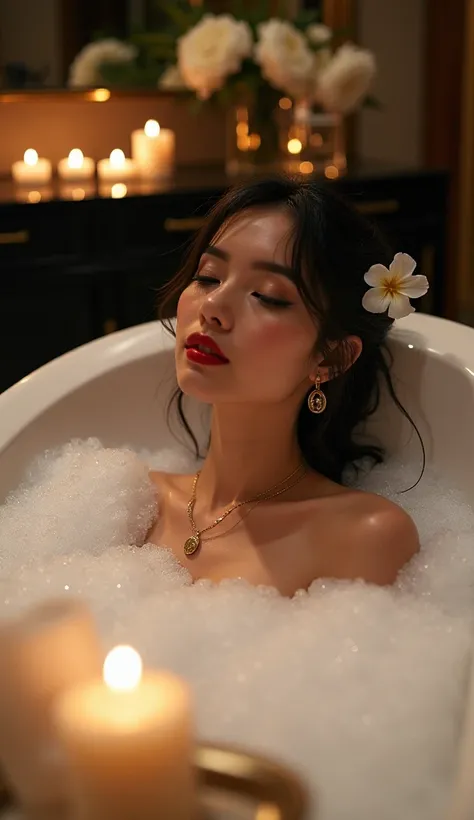 (( best quality )), (( masterpiece)), ( detailed ), ( realistic ), luxus apartment , modern und luxurious, Beautiful woman bathes with lots of bath foam,  light flooded, brightly designed ,  black, gold, weiss, red full lips,  blacke lockige haare , very m...