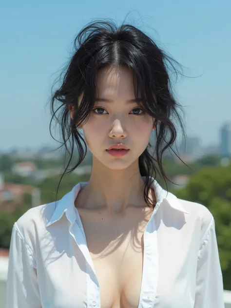 real photograph, (masterpiece), (highest quality), (Super detailed), (messy hair), (shape), (one japanese girl), pretty face, (a white open shirt, big breast), Are standing, Fashion Model, (interview), (Background is garden on roof, blue sky), fine and bea...