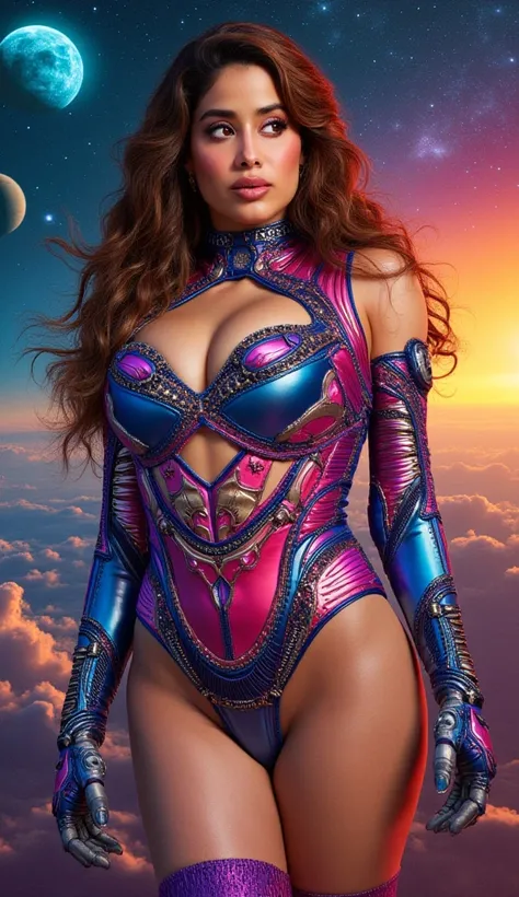 masterpiece,very sharp image,extremely beautiful woman space retro futurism, beautiful face,hi-tech armour over colorful catsuit, long curly hair,in deep space, with several planets and suns in the background Excellent sense,medium breasts,cleavage,America...