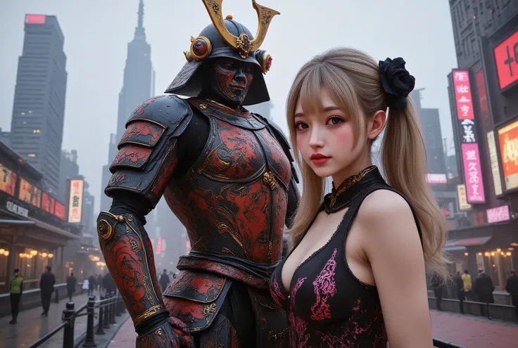cyberpunk robot samurai and pretty girl, looking at viewer,