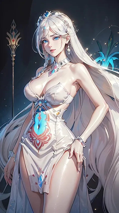 Masterpiece, Ultra High Quality, Ultra HD Quality, The most beautiful woman in history, Anime, Slender body, (Big, ample breasts, cleavage), Tall, Small face, Well-proportioned figure, ((Beautiful white skin)), (shining Platinum white hair: 1.2), (((single...