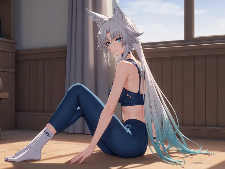 Feixiao (from the videogame Honkai Star Rail), slim body, small breasts, wearing a sexy blue sports-bra, wearing blue leggings, wearing white socks over the leggings, sitting on the floor, focus on her feet, in a sunny japanese livingroom, look into the ca...