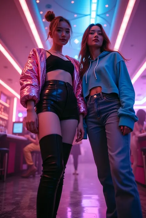 A two giant beautiful korean woman towering above the camera in a fancy and futuristic night club, one beautiful Korean women , knee-high boots, visible boot sole, extreme low angle that emphasizes her height, looking at camera, (stylish, black tanktop lat...