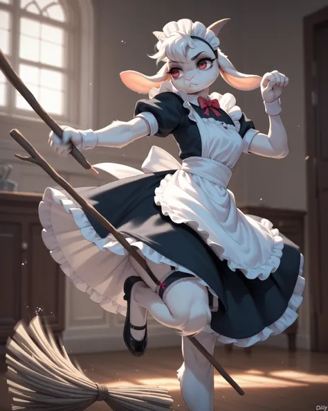 spooky furry female goat , maid clothes , glamorous , garter , Dimly lit room , (mop) , Stick fighting , knee up , Stick swinging motion blur , (motion blur)