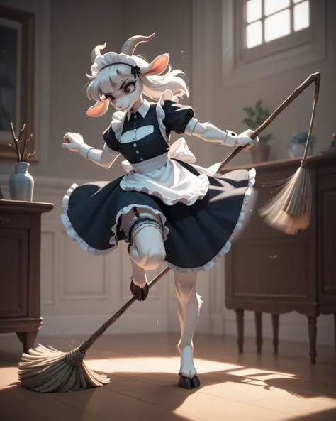 spooky furry female goat , maid clothes , glamorous , garter , Dimly lit room , (mop) , Stick fighting , knee up , Stick swinging motion blur , (motion blur)