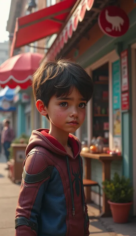 Spider-man's son is crying for ice cream next to an ice cream shop.