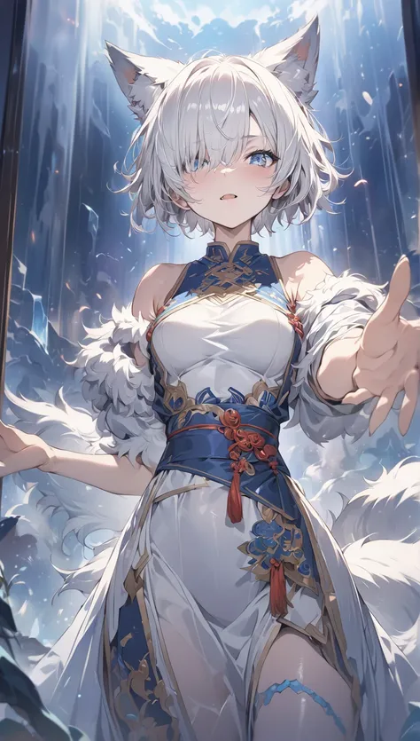 ( masterpiece:1.2), ( top quality:1.2),  super high resolution ,  very detailed ,  perfect lighting , Wolf Girl, White hair, National Costume,  otherworldly fantasy,  and the tail is fluffy, cute,  reach out to the audience , From the front, The screen cra...