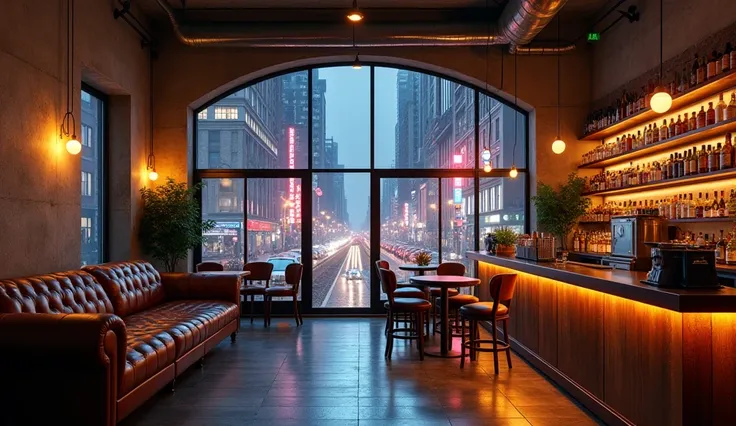 Urban loft-style coffee shop, exposed concrete walls, a large industrial-style window showing neon lights and passing cars, soft leather couches, and a warm bar counter with glowing lamps.