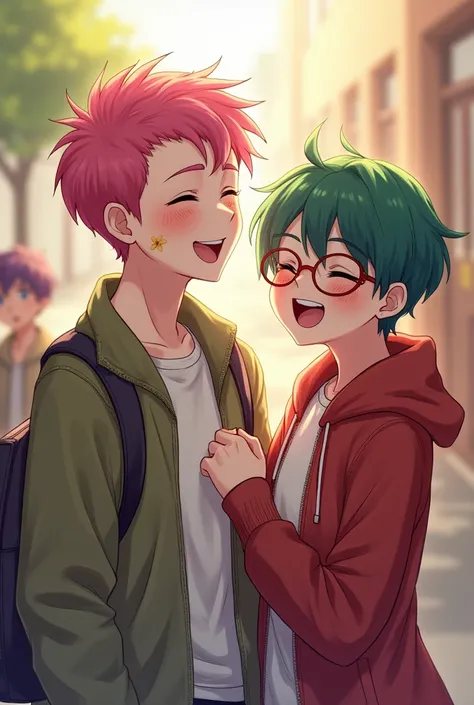 A handsome, pink-haired male high school student with white skin, a little bruise on his face. Beside him, a male high school student with green hair and nerdy glasses was laughing with each other.
