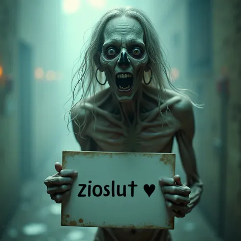 Creepy eerie skinny with very long wavy hair zombie , shirtless, very pale, holding a white board with text "ZIOSLUT 🖕🏽" and showing it to the viewer. Ethereal, Photorealistic, Glowing Light, Cowboy Shot, From Below, Screaming, Hoop Earrings, Anatomically ...