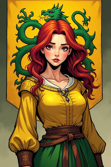 Teora is a short, plump and shy young woman. She has a blaze of bright red hair that tumbles from her shoulders. She has a fair skin.
She wears the clothes of a medieval noble lady in the colors yellow and green.
On the background a large yellow banner wit...