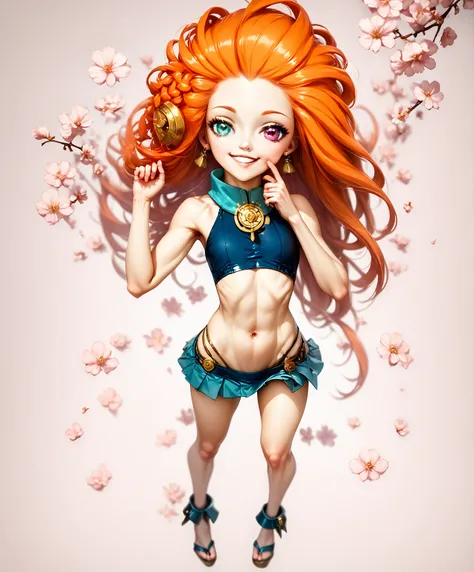 Eye heterochromia ,   girl Zoe,  длинные  Hair,  Hair ,  crop top overhang , short ruffle skirt,  sexy,good body,curved,shine,posing full length,Body parts are visible, navel, attractive, smile, Mysterious atmosphere ,flirting with the public, extreme deta...