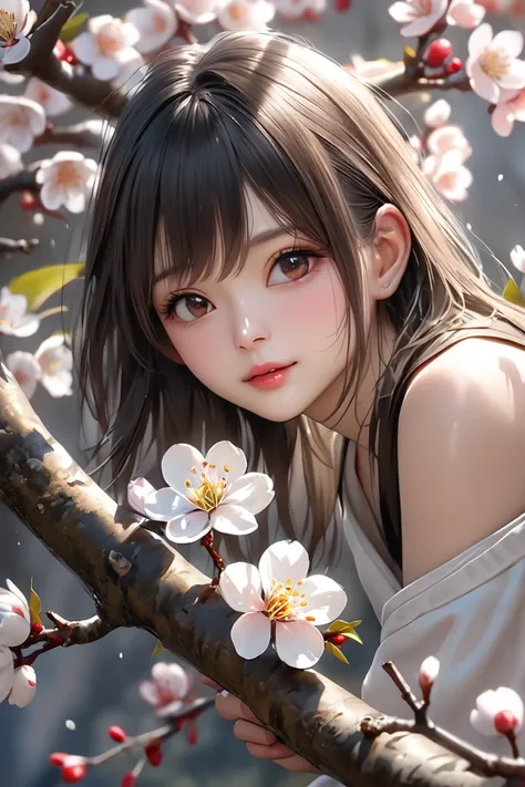 ( bestquality,4K,8k, highres,masterpiece:1.3),ultra-detailed,(realistic,photorealistic,photo-realistic:1.4),HDR,UHD,Ultra-high resolution 8k RAW photos.A picture of a very beautiful white plum blossom 、 A close up of a single white plum blossom blooming on...