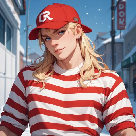 blonde guy using red striped shirt and winter fur baseball cap