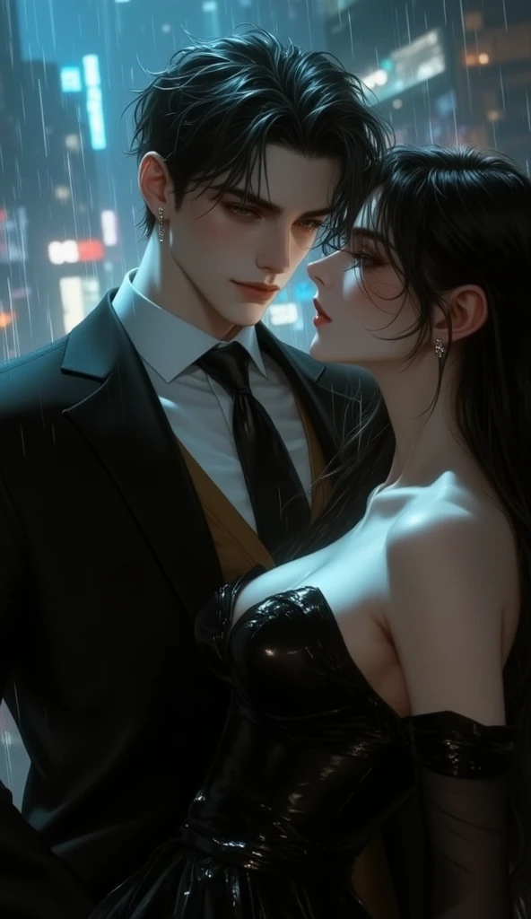 young man, a genius-looking guy , wearing a fancy suit, standing under the rain with a sharp gaze, romantic shades , foggy,  in front of him there is a beautiful woman dressed in glamor covered in her cleavage who is looking at him seductively, with a spar...