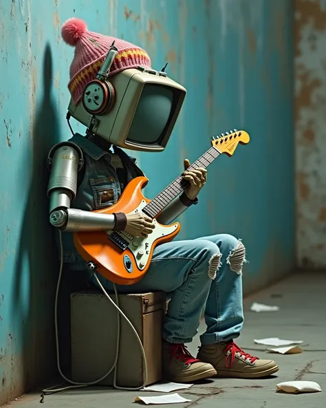 The image features a futuristic and surreal robot in an urban or post-apocalyptic setting. The robot is leaning against the wall, focused on playing the guitar that he holds supported by his body, which contrasts with his technological and creative appeara...