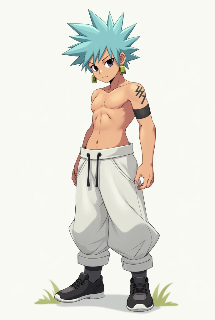 Little bit musclear adult character with spiki hair light blue, without shirt, white pants baggy, black shoes with bandager on ankles, big grass cutter, black eyes, earrings one square and one triangle, and scar nect to his neck going to his shoulder