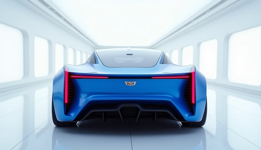 A captivating and futuristic image of the 2025 Cadillac series is displayed in a luxurious white showroom. The car is painted in a striking vibrant blue hue, emphasizing its sleek, aerodynamic design with bold accents that highlight the cutting-edge innova...