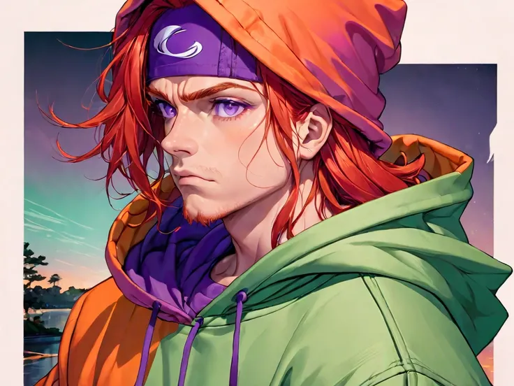  adult male, (red long hair up to the waist),  purple eyes ,  disappointed look, green hoodie , orange pants 