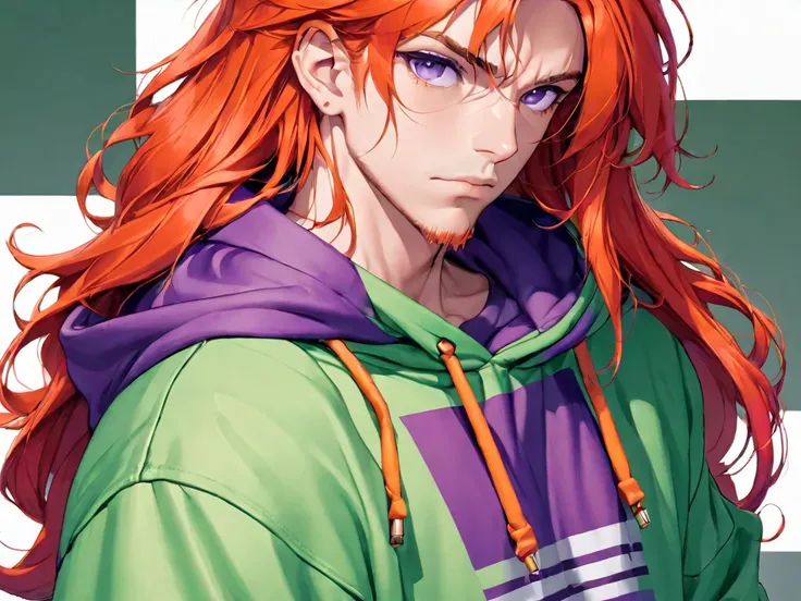  adult male, (red long hair up to the waist),  purple eyes ,  disappointed look, green hoodie , orange pants 