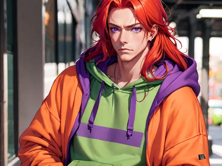  adult male, (red long hair up to the waist),  purple eyes ,  disappointed look, green hoodie , orange pants 