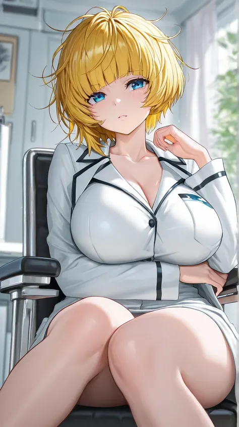 a beautiful female doctor with big breasts is sitting in a special doctor's chair Masterpiece, Super detailed, HD, quality, short hair, blue eyes, super detail background, yellow hair, asymmetrical Ponytail, messy hair cut,