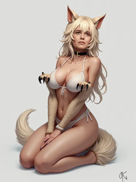 A stunningly beautiful woman becoming a Hybrid Doggirl, collar, on her knees, panting, dog ears, dog tail, dog tongue, dog paws, wagging tail, 1girl, solo