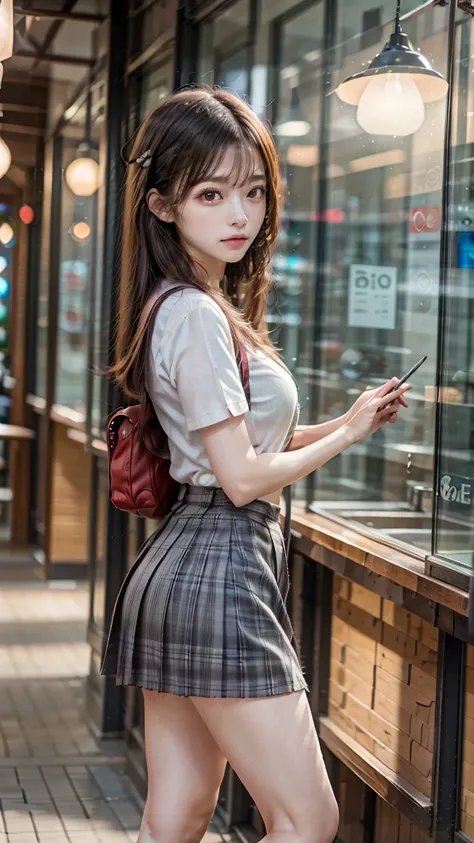 a beautiful 18 year old Japanese high school girl with perfect anatomy, healthy thighs, beautiful legs, beautiful skin, random hair color and style, large breasts, (wearing a Japanese schoolgirl uniform:1.3), (she is standing:1.2), penny loafers, holding a...