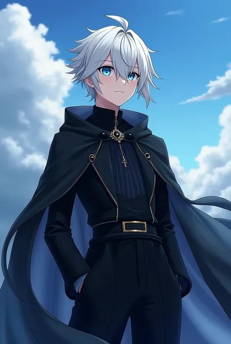 180 tall, wearing black dress and pants, black veil on the outside, black color on the inside. He has a hairstyle and looks like a frog. The hero in the anime has white hair color, beautiful blue eyes, manga lines and looks at the sky.