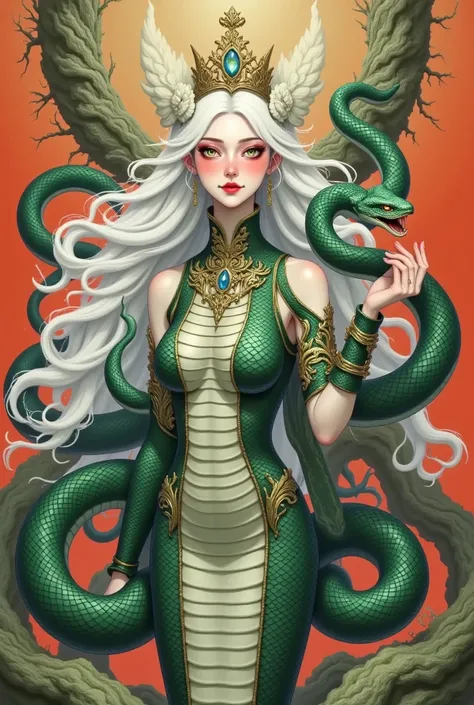 A female snake king with white hair holds a green snake in her hand,  surrealist fantasy art , Realistic fantasy illustration ，sun
