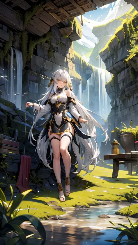  long silver hair 、  beautiful shaped D cup with tension, yellow eyes ,、Heavy equipment、Adventurous Traveller 、 mystical scenery、I found an unexplored area 、nature、 dungeon、cave、Explore and get covered in mud 、