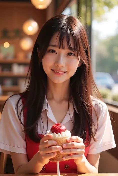  Ultra-realistic , Realistic,  Dramatic Scene , shadow, Full-area lighting,  a young Japanese woman ，medium long hair，Bangs，In the summer ，Strawberry Sandi with my girlfriend at the dessert shop， With Veins Looking At The Other Side ，Smiling smile ，Dessert...