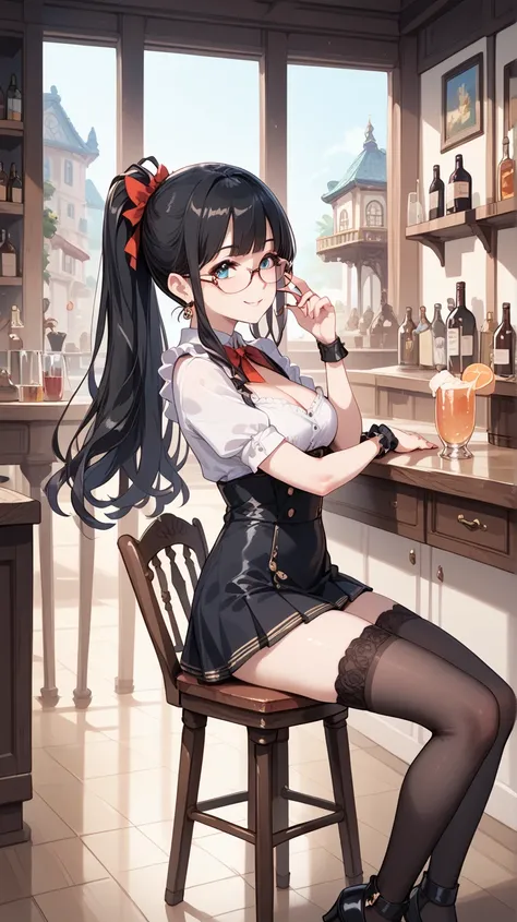 Black hair, glasses, fantasy bar