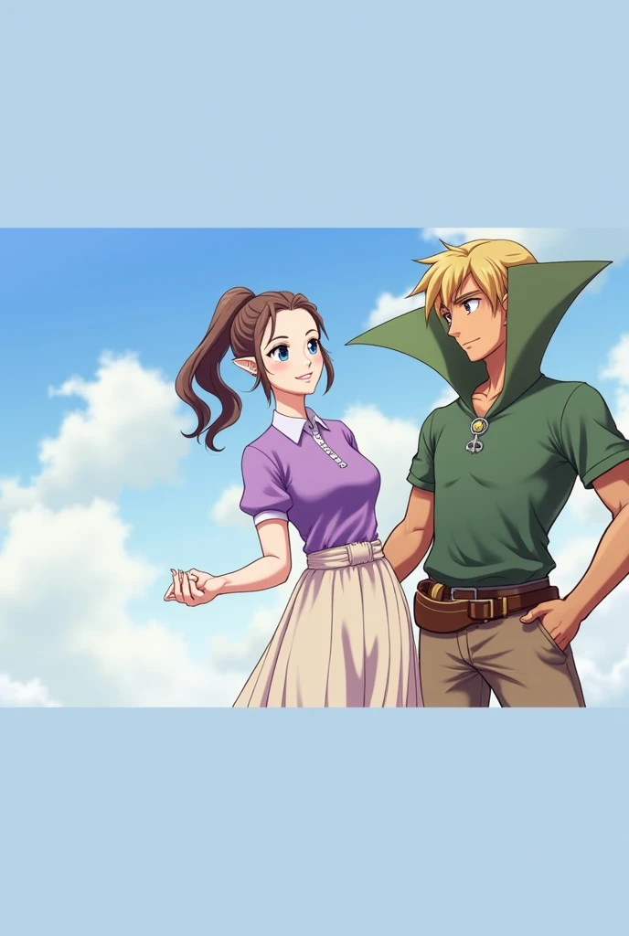 Anime Beautiful Princess Zelda wearing a Purple Polo with her Husband Prince Link he's wearing a Green Massive Popped Collar Polo with a collar so high it's taller than his head