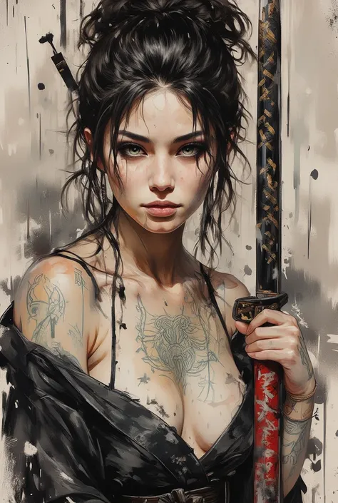 fusion of watercolors and oil paintings, mix of monochrome and color, black ink. a sexy woman with a focused expression, holding a katana. Her hair is styled  in a messy bun, and she has light skin with freckles. She is wearing only a dark, revealing ( nsf...