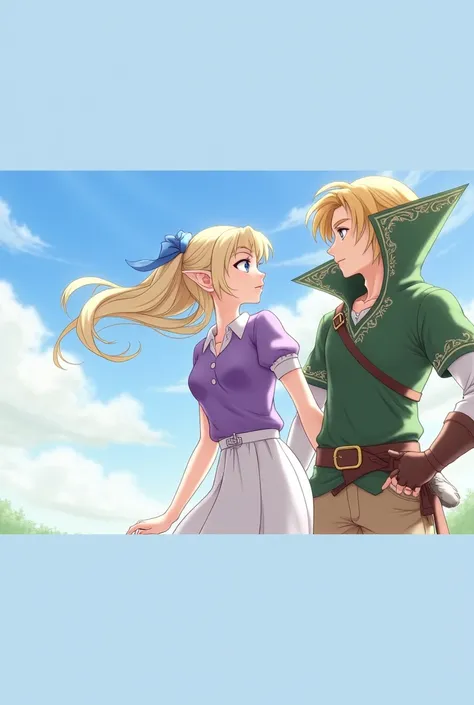 Anime Beautiful Princess Zelda wearing a Purple Polo with her Husband Prince Link he's wearing a Green Massive Popped Collar Polo with a collar so high it's taller than his head