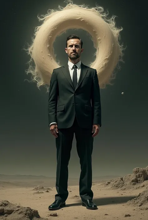 A man wears suit and standing on 🪐 
And has portal instead of head 