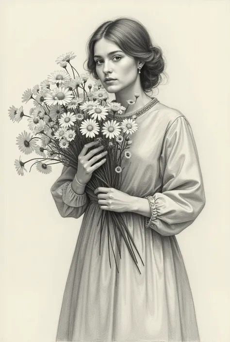 Peasant girl with a bouquet of daisies,in cubism style with pencil drawing 